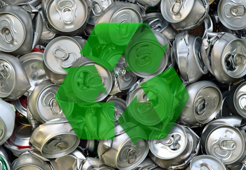A close-up view of a large pile of used aluminum beverage cans, predominantly silver in colour with a smooth, metallic texture, with some showing visible pull-tabs and indentations on the tops. The cans are stacked and overlapping, filling the frame and arranged randomly on a flat surface, suggesting they are collected for recycling or disposal. The background is filled entirely with more cans, creating a dense, cluttered appearance typical of waste collected for rubbish removal services. A prominent green recycling symbol, composed of three arrows forming a triangle, overlays the centre of the image, indicating an emphasis on recycling. This scene may be situated outdoors or in a warehouse environment, relevant to rubbish collection and waste management practices in London suburbs or nearby areas, reflecting the kind of recyclable waste that Office Clearance Soho might handle in their services.