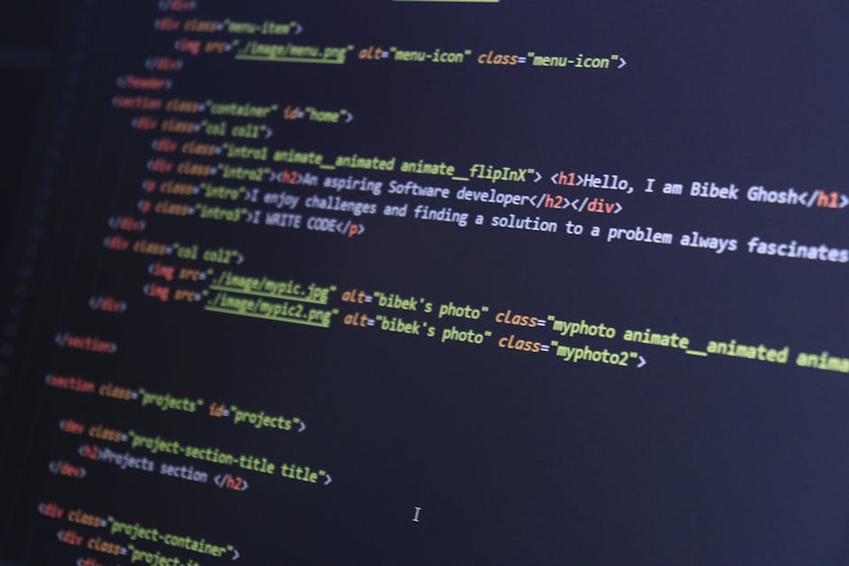 A computer screen displaying lines of HTML code in a dark-themed code editor. The visible code includes tags such as <html>, <head>, <body>, and <title>, with attributes like c
